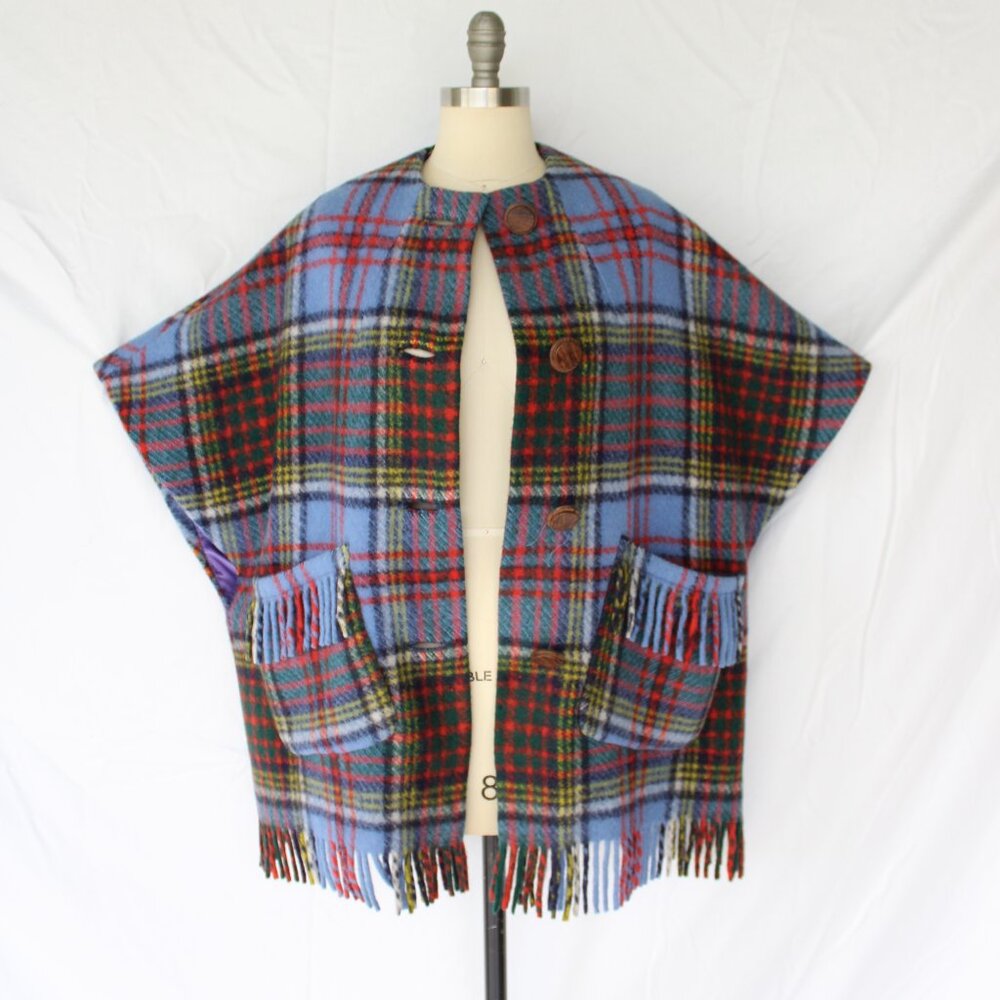MERRYWEAR Ireland jacket cape poncho cloak Tartan plaid wool fringe check - Picture 7 of 12